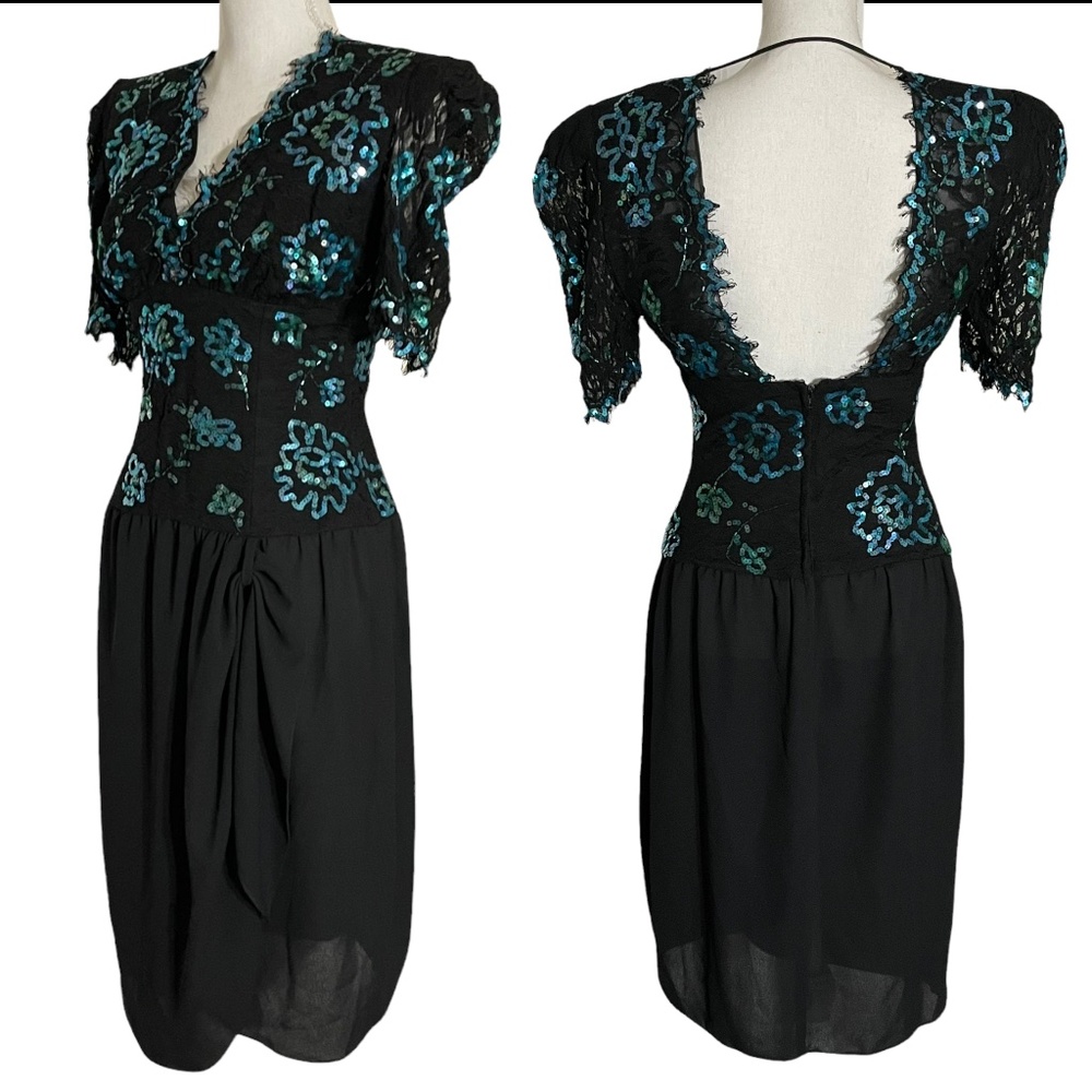 Casadei Floral Sequin Dress Vintage 10 Open Back V-Neck Puff Sleeve Teal Black